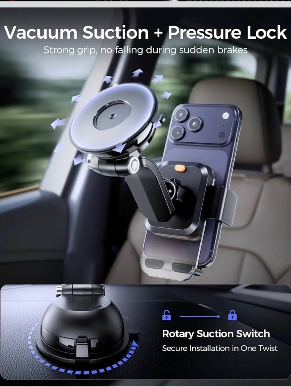 Dashboard Car Phone Mount - One Press Lock Dash Phone Holder for Car